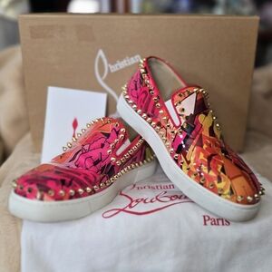 Christian Louboutin PIK Boat Women's Multicolor Spiked Flat Shoes Patent Sz 36.5